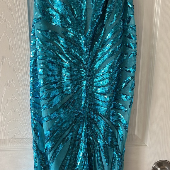 LULUS PROM DRESS - Sparkle 'til Dawn Teal Blue Sequin Lace-Up Mermaid Maxi Dress - Picture 7 of 11